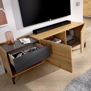 Mobile porta TV Cengalo, Credenza bassa da soggiorno, Madia da salotto per televisione, 164x39h49 cm, Rovere Nodi e Antracite