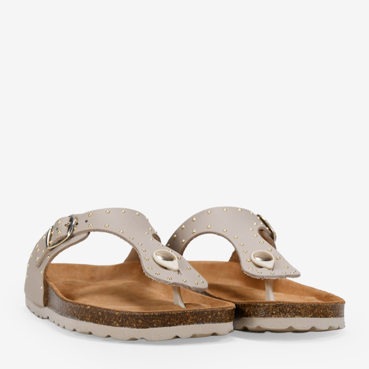 Sandalias de dedo beige en piel con tachas