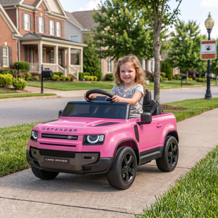 AIYAPLAY Coche Eléctrico SUV para Niños Land Rover Defender Coche de Batería 12 V Mando a Distancia 2,4G Suspensión Arranque Suave 2,7-4,5 km/h Rueda Auxiliar Luces LED Música Claxon 3-5 Años Rosa