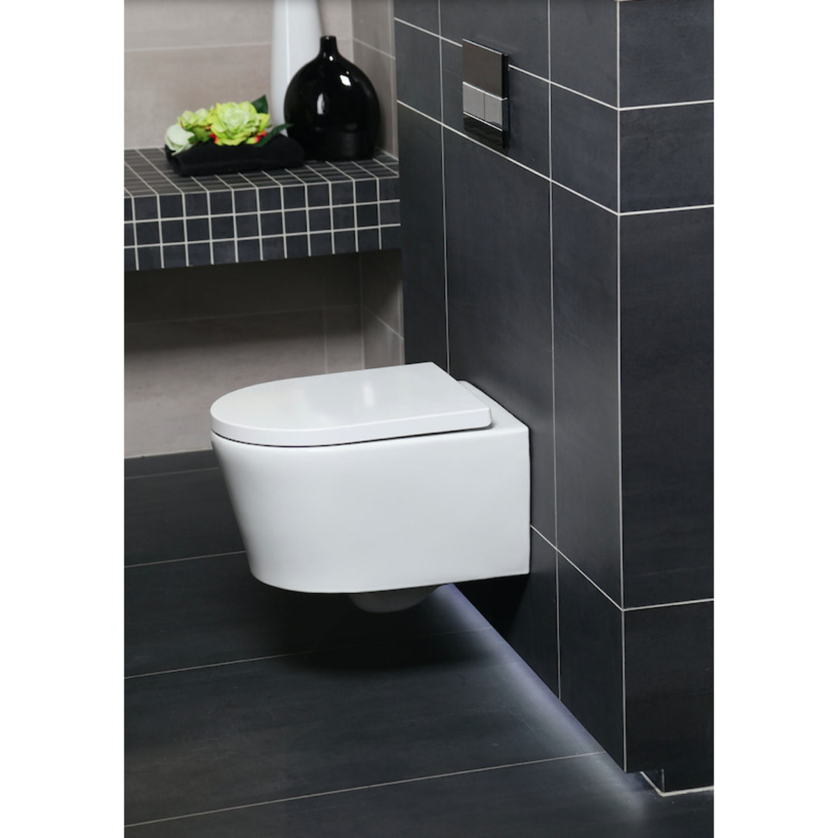 Pack WC Bati-support Geberit slim + WC Swiss Aqua Technologies sans bride + Abattant + Plaque (SLIM-SATrimless-E)