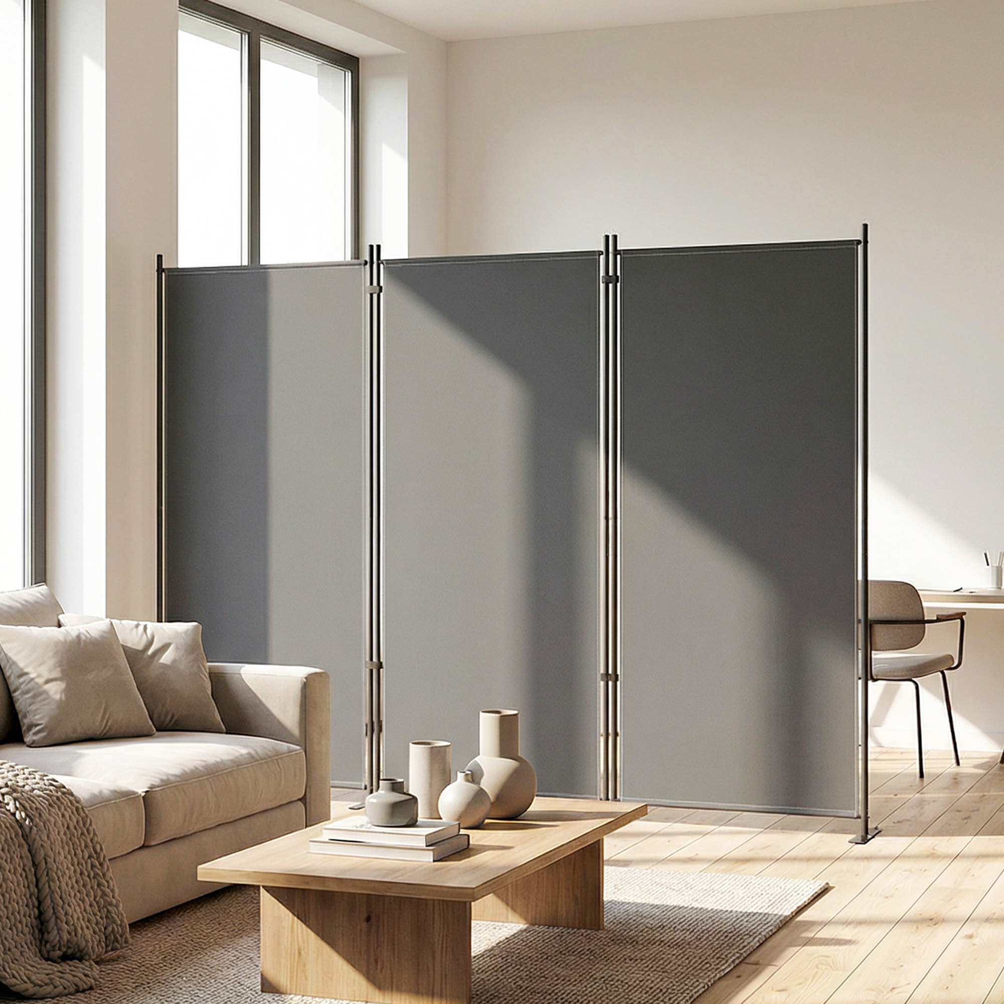 Paravent 260x180cm séparateur de pièce brise vue autoportant métal polyester gris