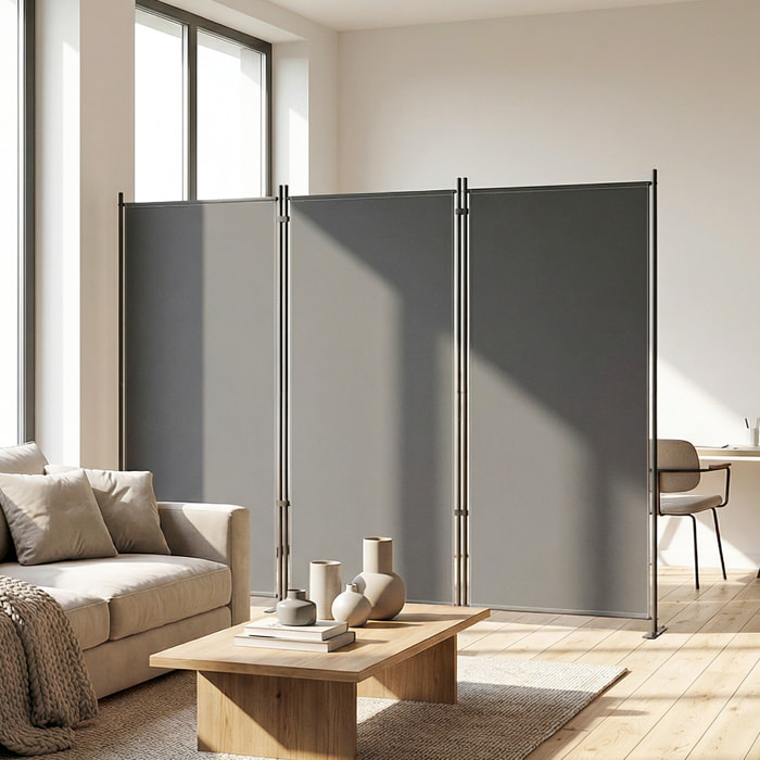 Paravent 260x180cm séparateur de pièce brise vue autoportant métal polyester gris