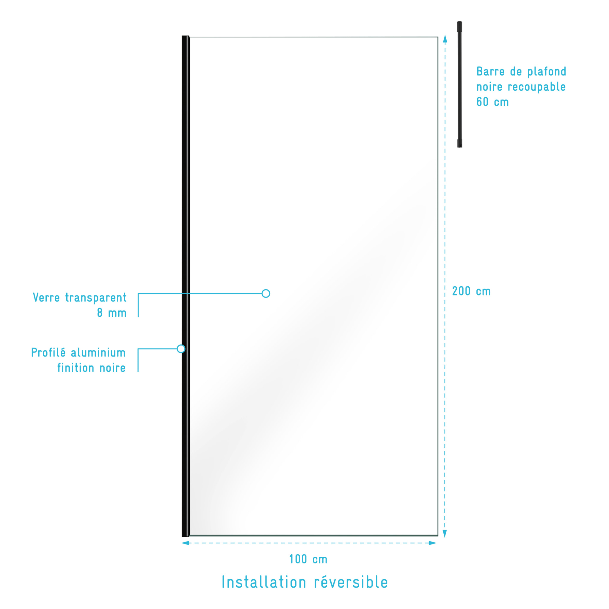 Paroi de Douche 100x200cm Verre Transparent - Profilé + Barre Plafond Noire - FREEDOM 2 BLACK