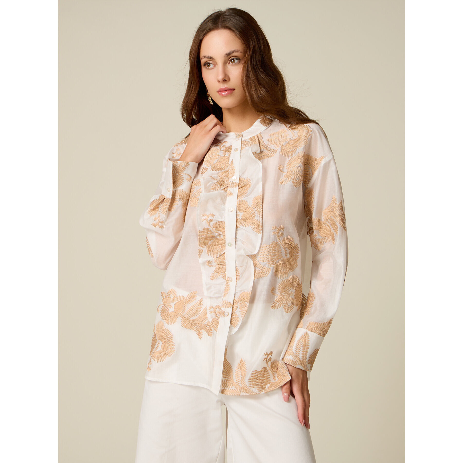 Oltre - Camicia misto lyocell con ricami - Bianco