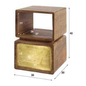 Table de nuit murale en bois de manguier forme cube, 1 tiroir finition cuivrée VARA