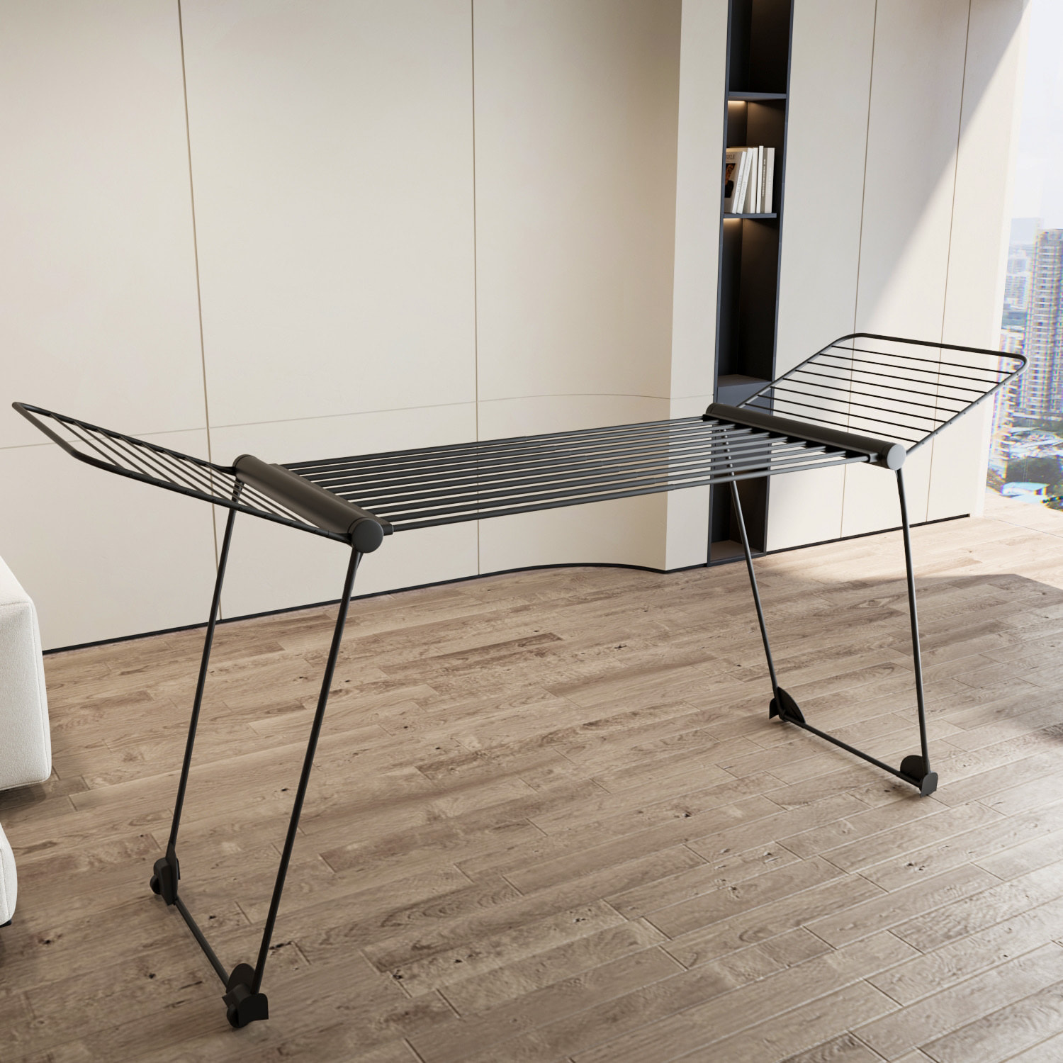 Stendibiancheria Estensibile Fino a 2 Metri Griglia Telescopica 30 M di Stenditura Stendino Grande Con Ruote Richiudibile 218-300 x 55 x 126 cm Nero