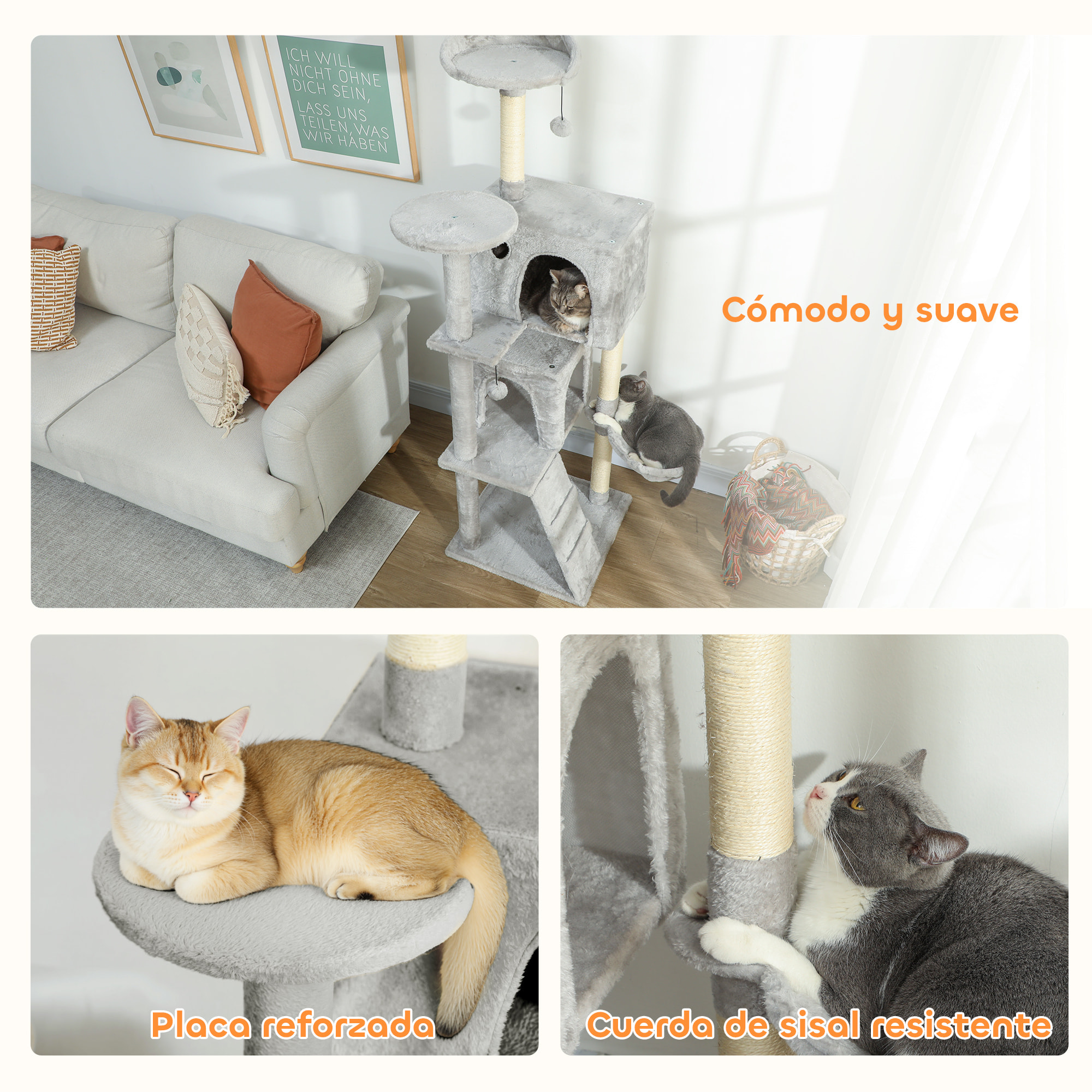 Árbol Rascador para Gatos, Árbol para Gatos 160 cm, Torre Escalador con Múltiples Plataformas, Cama, 2 Cuevas, Hamaca, Escalera, Postes de Sisal, Bolas para Jugar, Gris Claro
