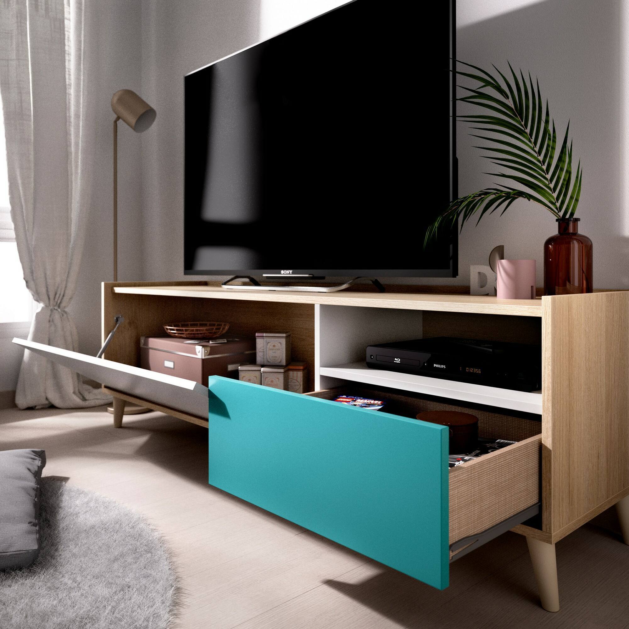 Mobile porta TV Tamaro, Credenza bassa da soggiorno, Madia da salotto per televisione, 155x43h47 cm, Rovere e Bianco