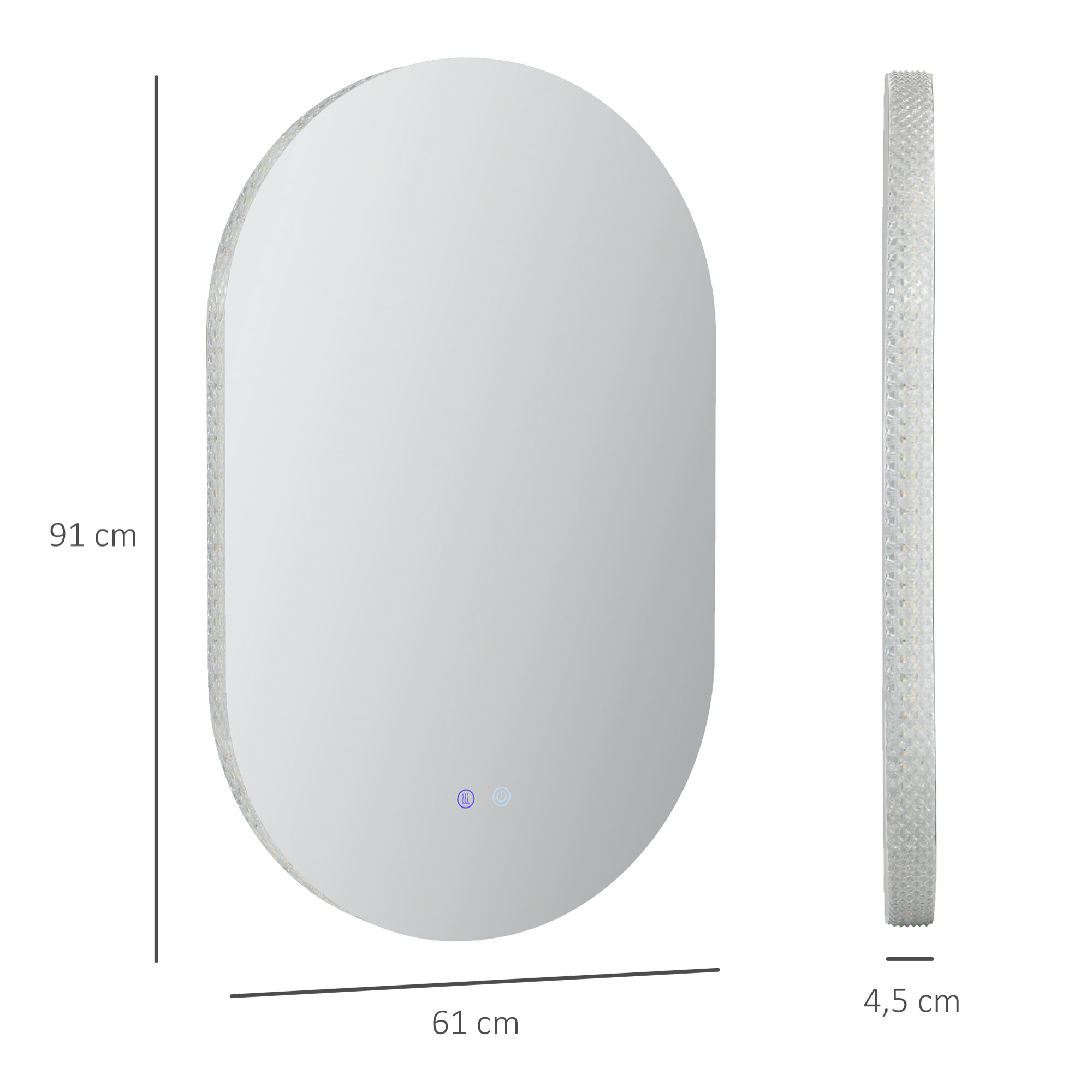 Miroir ovale LED de salle de bain - dim. 91H x 61l cm - 3 couleurs, réglable, tactile, antibué - décor acrylique transparent