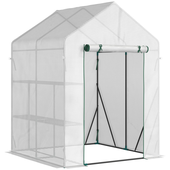 Serre de jardin 2 tablettes dim. 1,43L x 1,43l x 1,95H m porte déroulante acier PE haute densité 140 g/m² transparent blanc