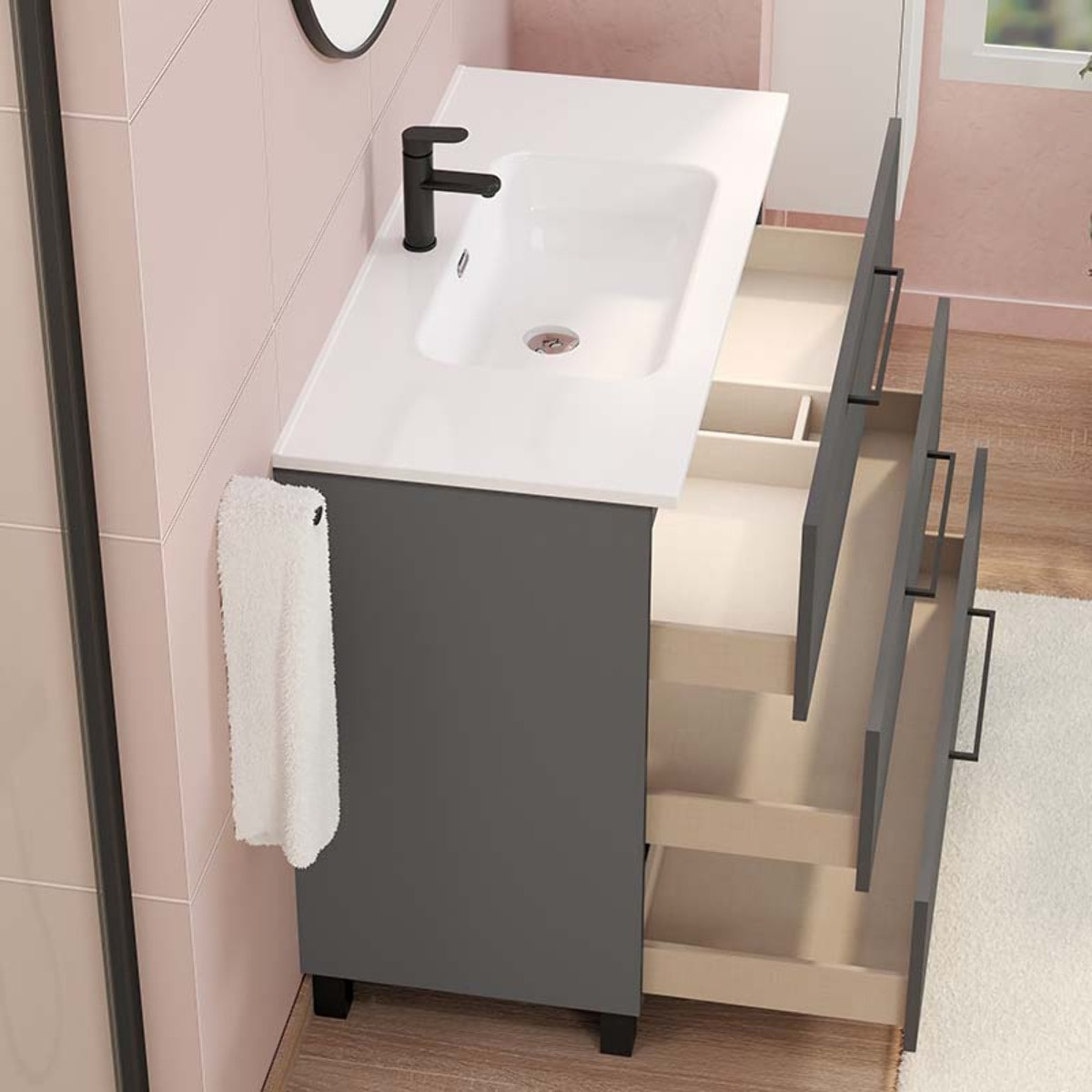 Ensemble De Salle De Bain Haru | Meuble De Salle De Bain Avec Pieds | 100 Cm Gris Mat| 3 Tiroirs | Vasque Ceramique | N'Inclut Pas Miroir | Alday