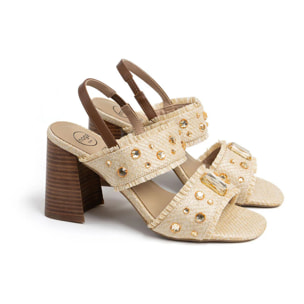 Sandalo con tacco alto con fasce a incrocio e cinturino - BEIGE