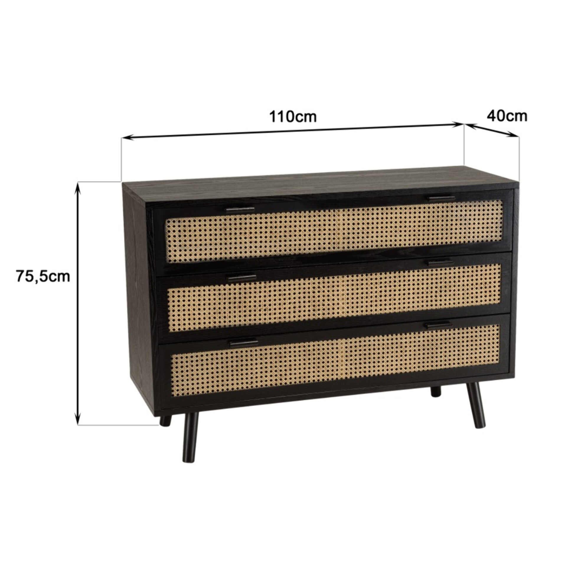 ANGELO - Commode noire 3 tiroirs cannage naturel