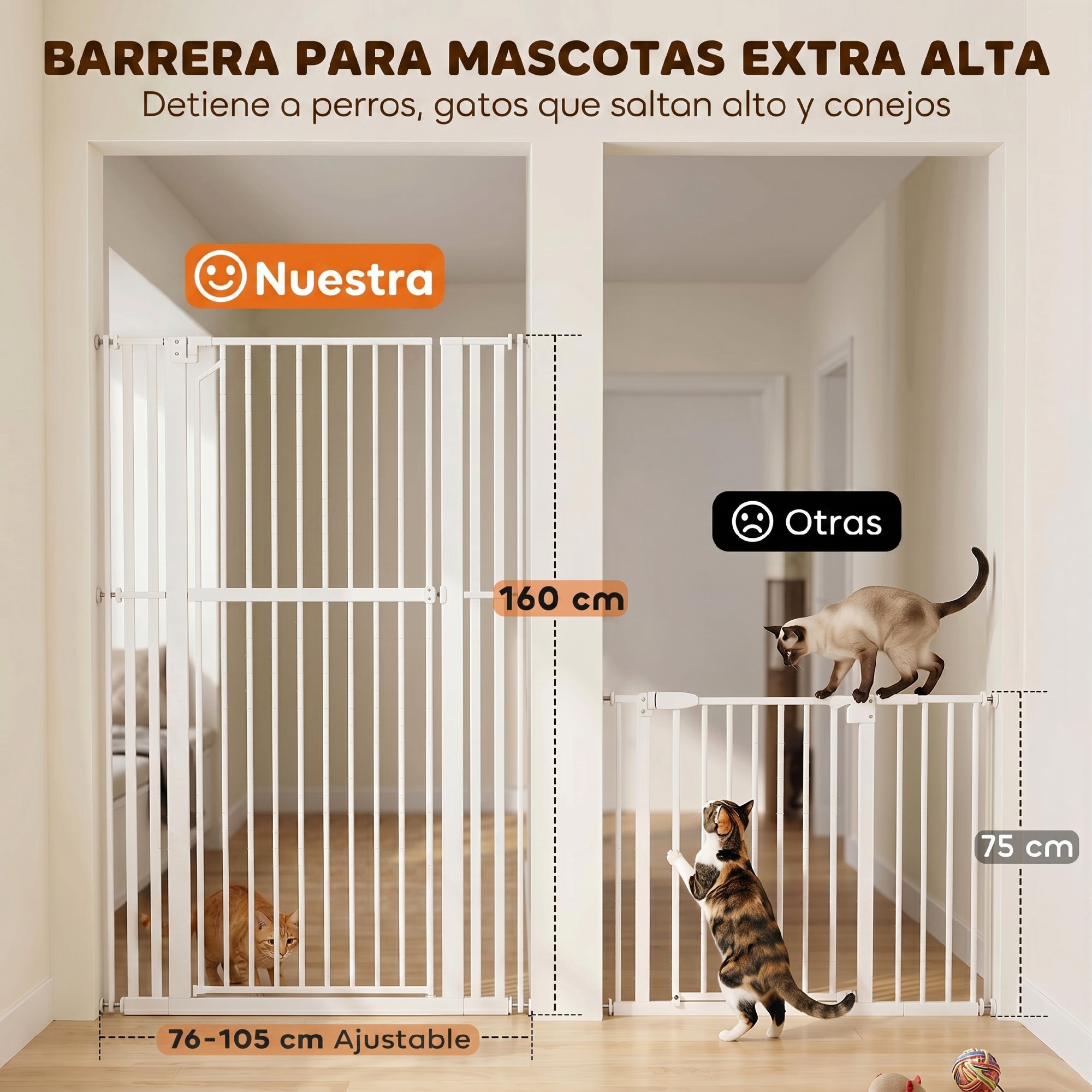 Barrera de Seguridad para Niños Perros y Gatos Extra Alta 160cm Extensible 76-105cm para Puertas Escaleras Valla para Perros Cierre Automático Montaje a Presión Abre 1 Mano 2 Extensiones Blanco