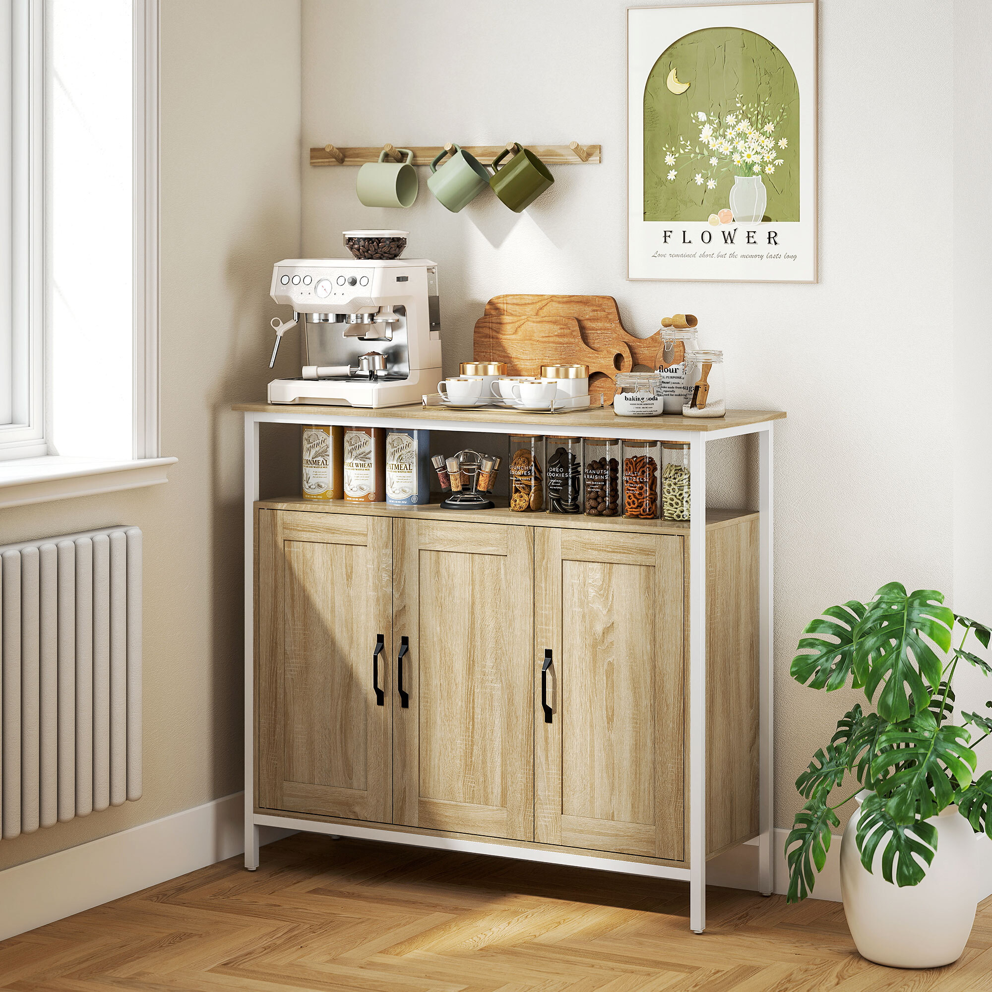Buffet 3 portes 4 étagères grande niche dim. 100x35x88cm métal blanc effet chêne clair