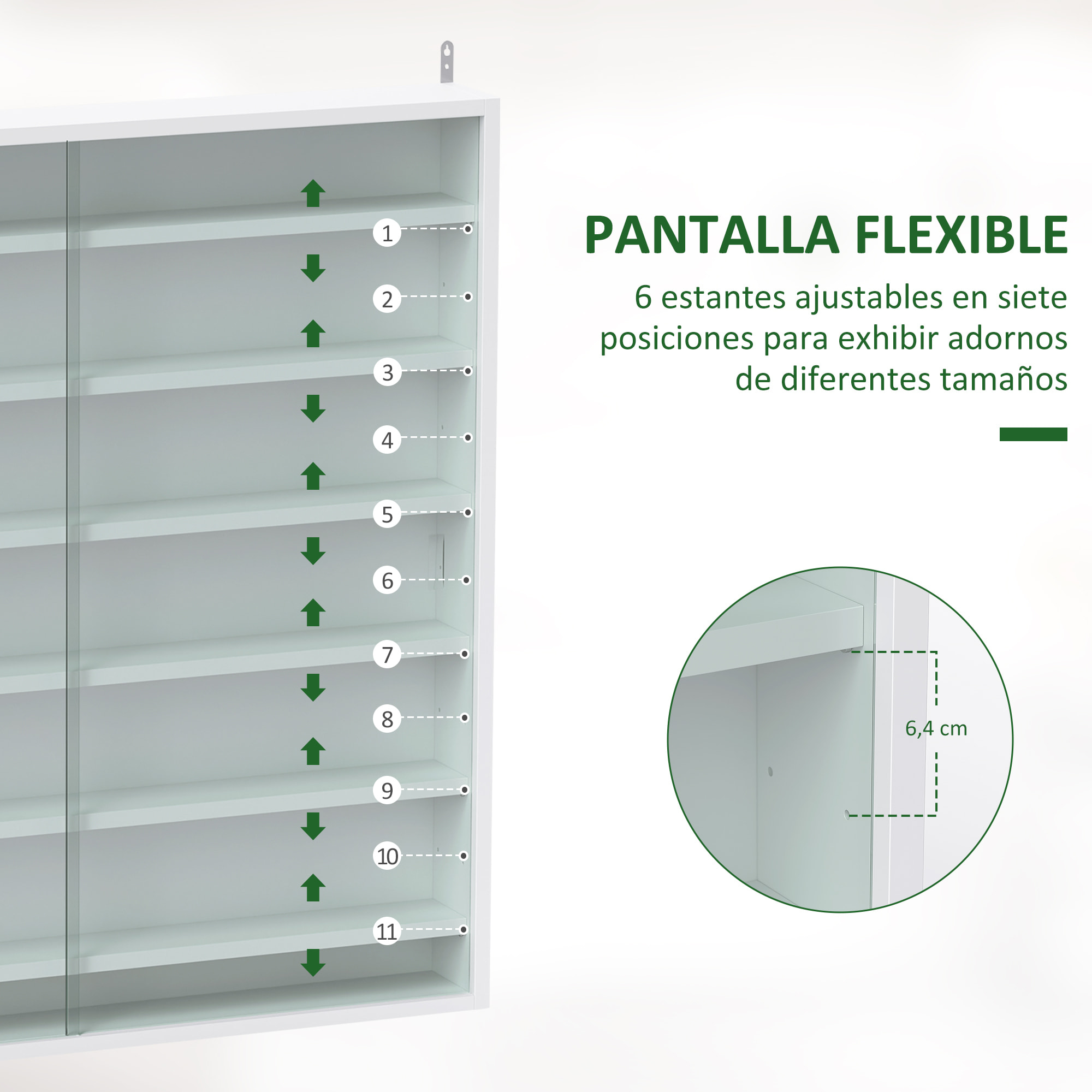 Vitrina Expositora para Colecciones de 7 Niveles, Vitrina de Pared, con Estantes Ajustables y 2 Puertas Correderas de Vidrio, para Perfumes, Figuras de Decoración, 80x9,5x83 cm, Blanco