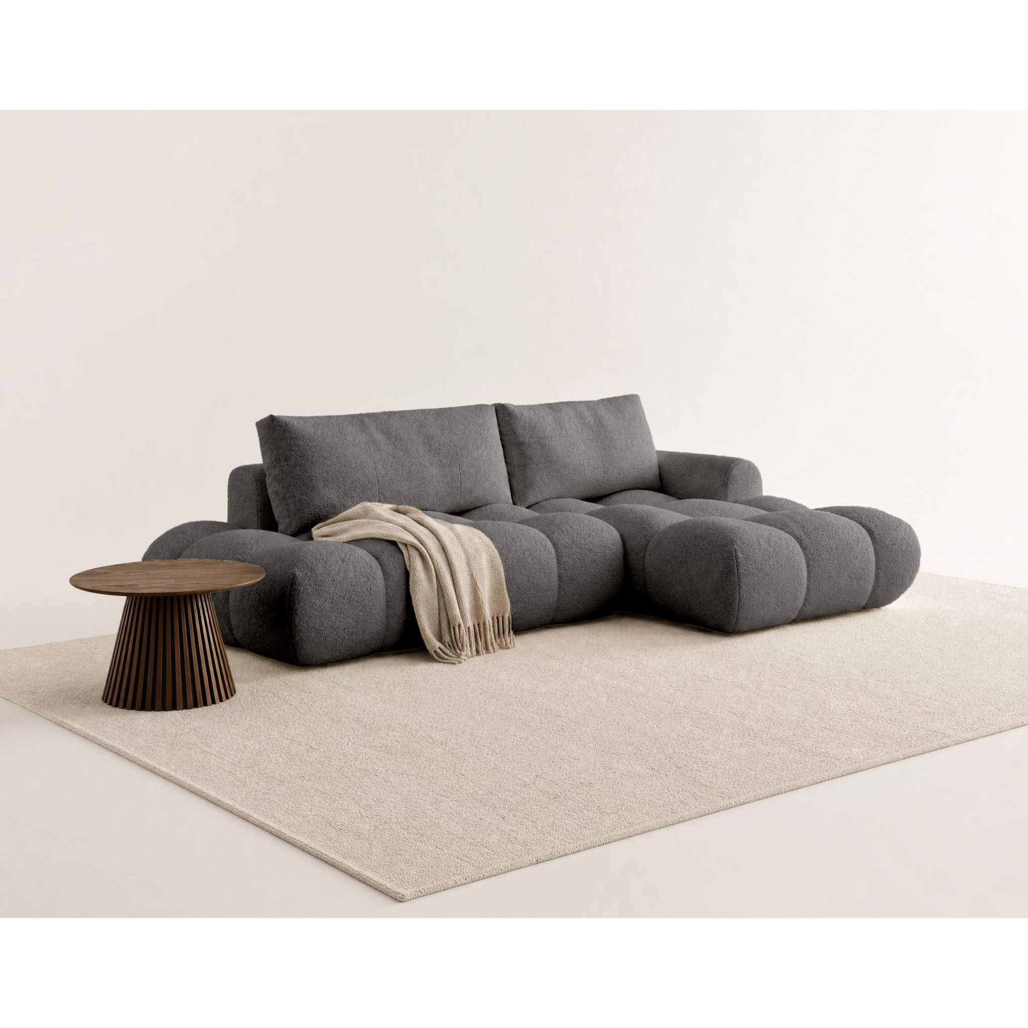 Yulin - Canapé d'angle ouvert droit 4 places convertible avec coffre en tissu bouclette - Gris