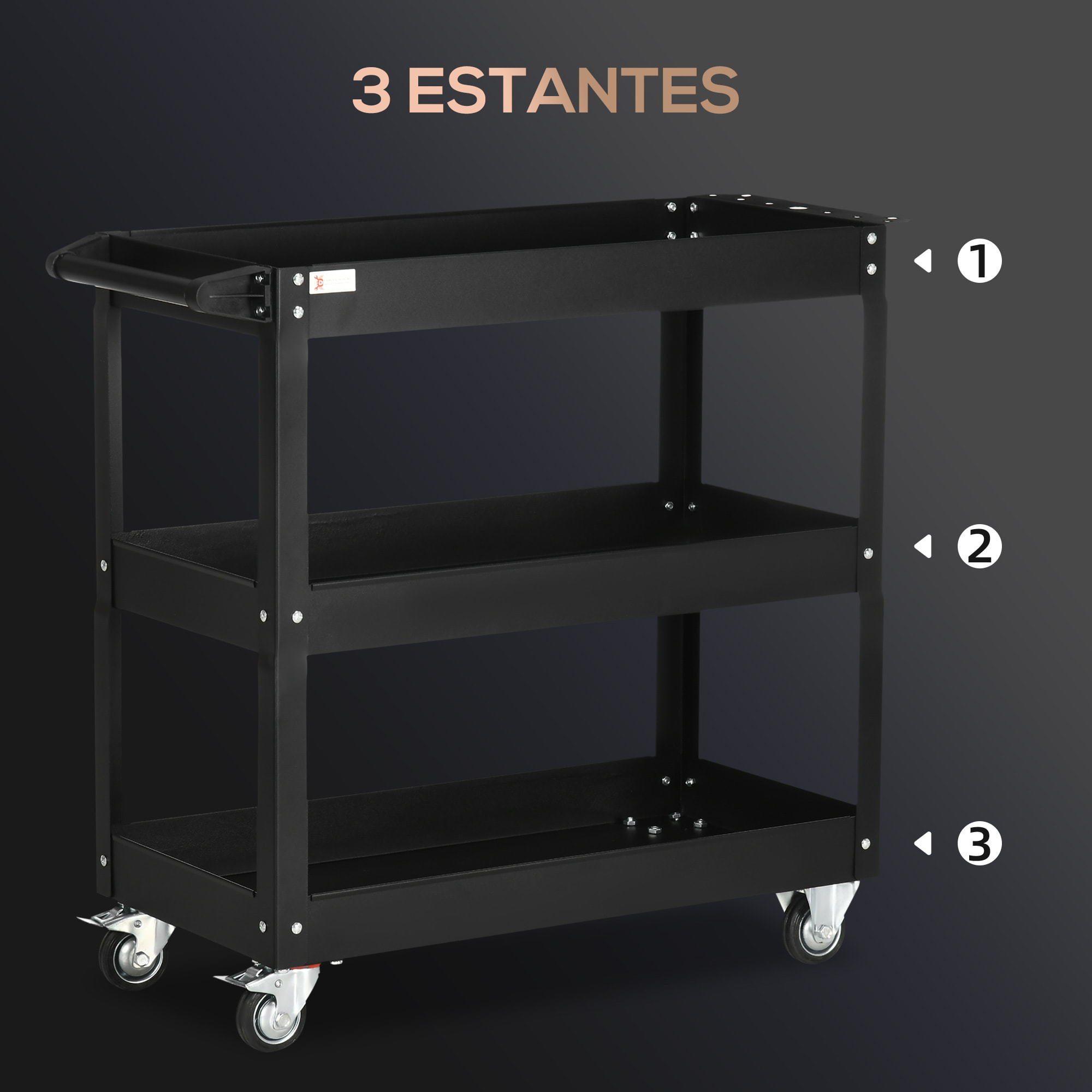 Carro de Herramientas con 3 Estantes y Asa Lateral Carga 150 kg 78,8x35,3x72 cm