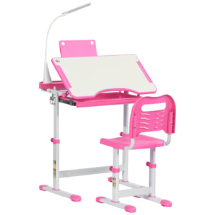 Bureau enfant avec chaise - ensemble bureau et chaise réglable - lampe, support de lecture, tablette coulissante multi-rangement - gris blanc