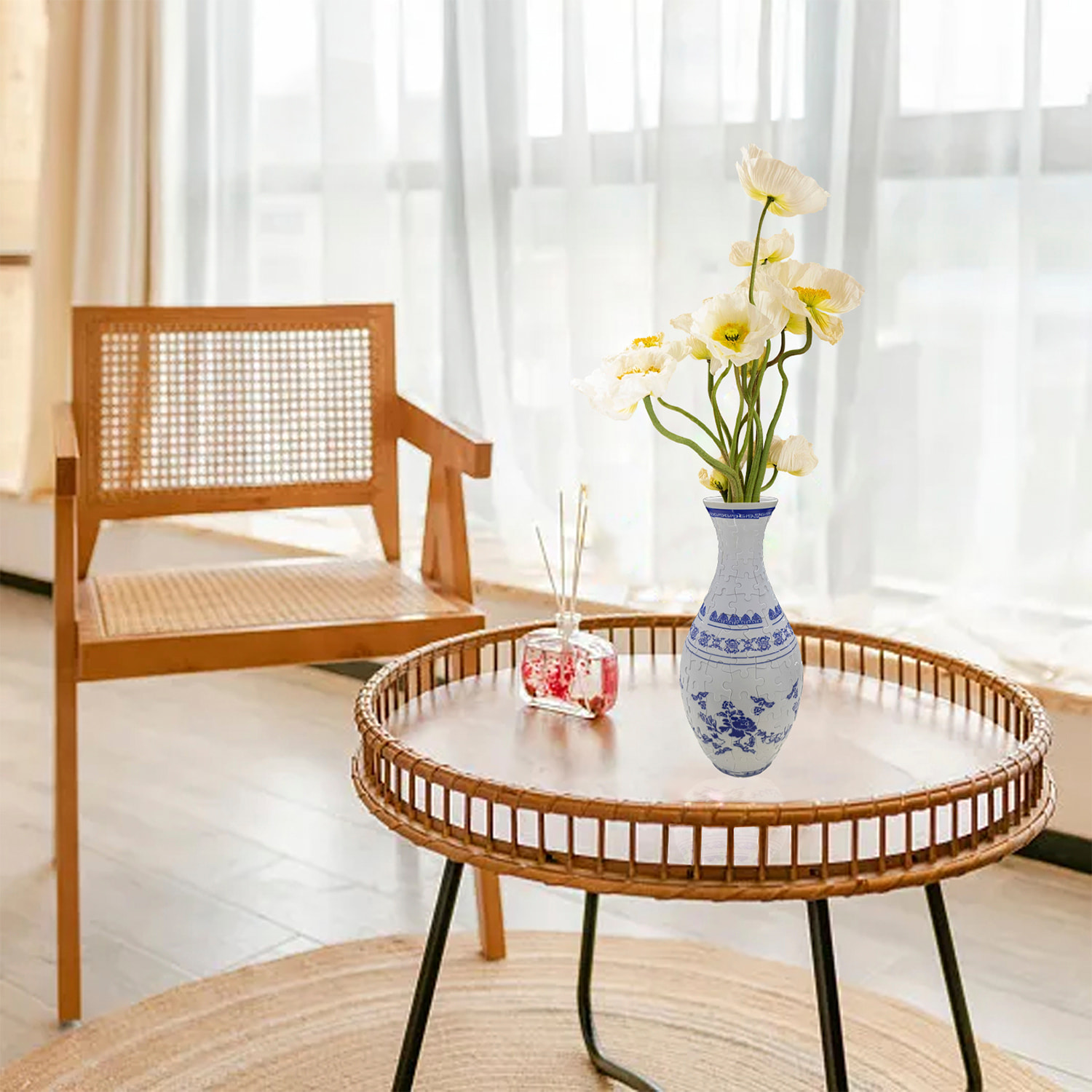 Puzzle 3D in ABS con 160 pezzi. Design vaso tradizionale con fiori blu.