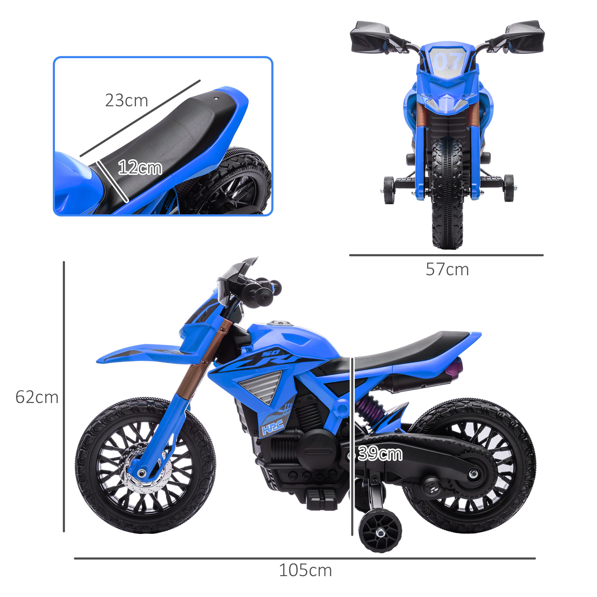 Moto Eléctrica para Niños de +3 Años Moto de Batería 12V para Niños con Ruedas de Entrenamiento Acelerador en Puño y Bocina Carga 30 kg Azul