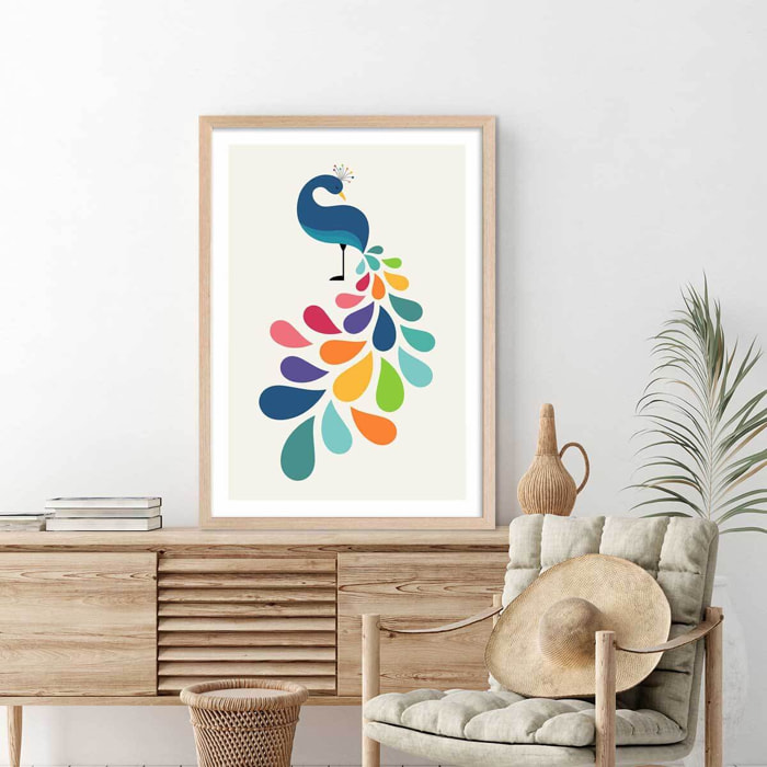 Affiche  paon coloré Affiche + cadre en bois - Chêne