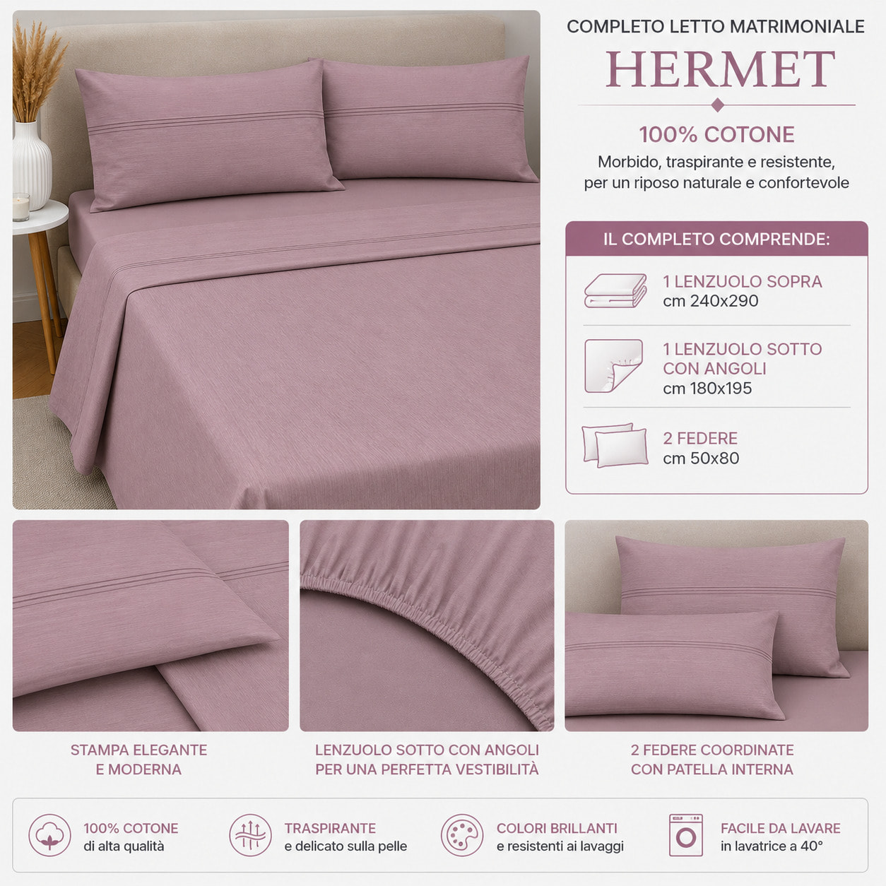 HERMET Completo Letto 100% Cotone Volga