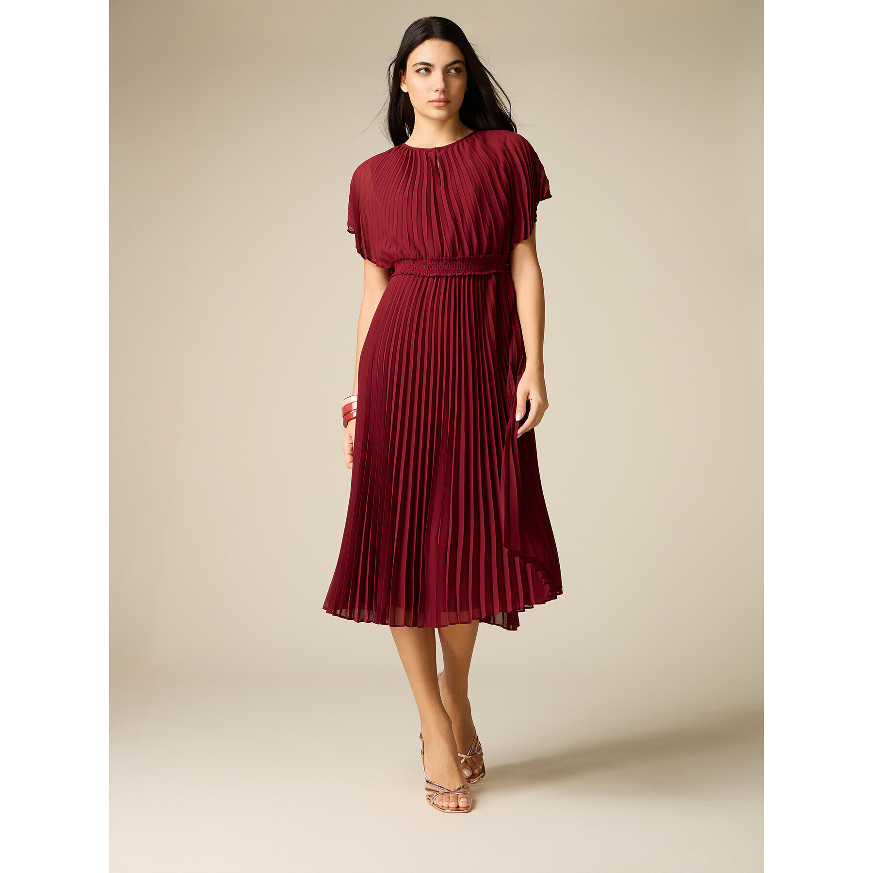 Oltre - Vestido midi en georgette plisado - Burgundy