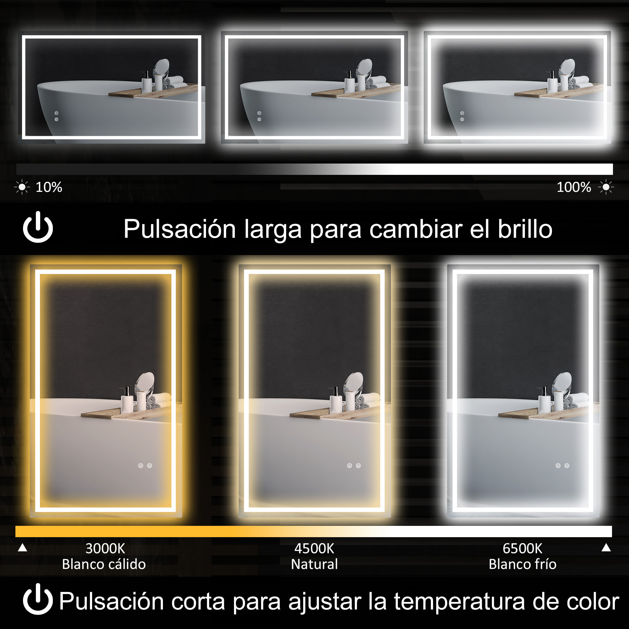 Espejo de Baño con Luz LED 100x60 cm Espejo de Pared con Luz Retroiluminado Antivaho Brillo Regulable Interruptor Táctil IP44 Montaje Horizontal o Vertical