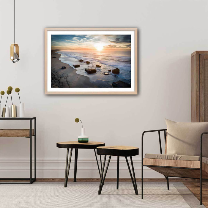 Affiche vestige mur de l'atlantique Affiche + cadre en bois - Chêne