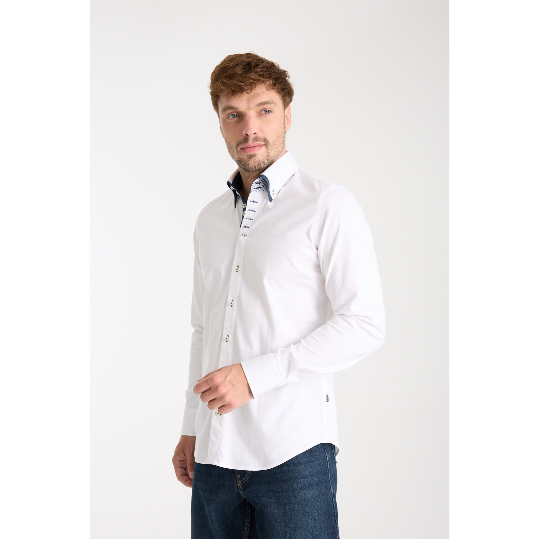 Camicia Uomo 2 Bottoni Button Down 7bottoni Doppio Coll Jacquard Fantasia Bianco e Bianco