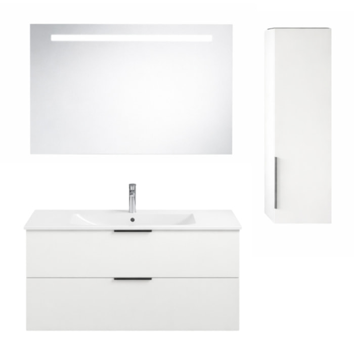 Meuble vasque 90 cm BURGBAD Olena blanc brillant + miroir + colonne de salle de bain