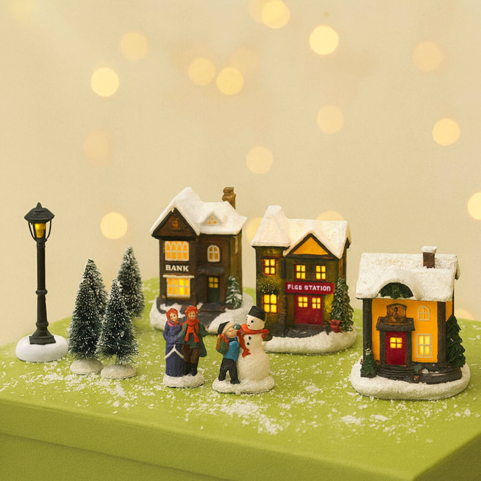 Juego de 10 piezas de pueblo navideño con luces led