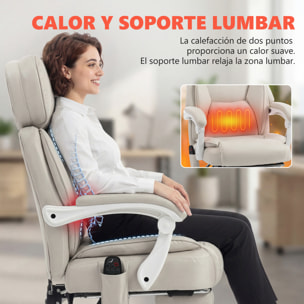 Silla de Oficina con Masaje Vibratorio de 6 Puntos y Calor Lumbar, Silla de Escritorio Reclinable con Reposacabezas Ajustable, Respaldo Alto, Altura Ajustable, Reposapiés, Crema