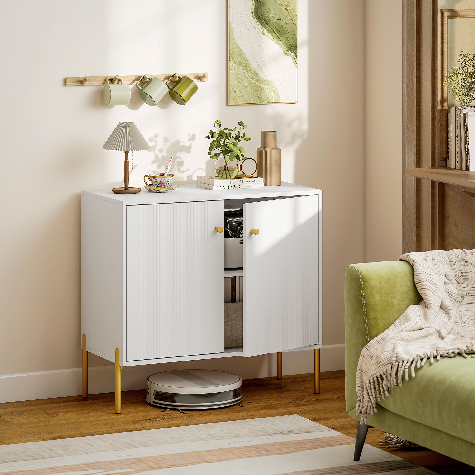 Aparador Moderno de 2 Puertas, Aparador de Salón con Estantes Ajustables, Encimera con Efecto Mármol, Patas de Acero, para Cocina, Entrada, Dormitorio, Blanco, 80x39,1x76 cm