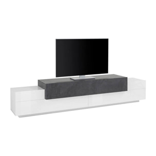 Mobile da soggiorno Porta TV, Made in Italy, Supporto per TV da salotto a 3 ante e ripiani, cm 240x45h52, colore Bianco lucido e Grigio Cenere