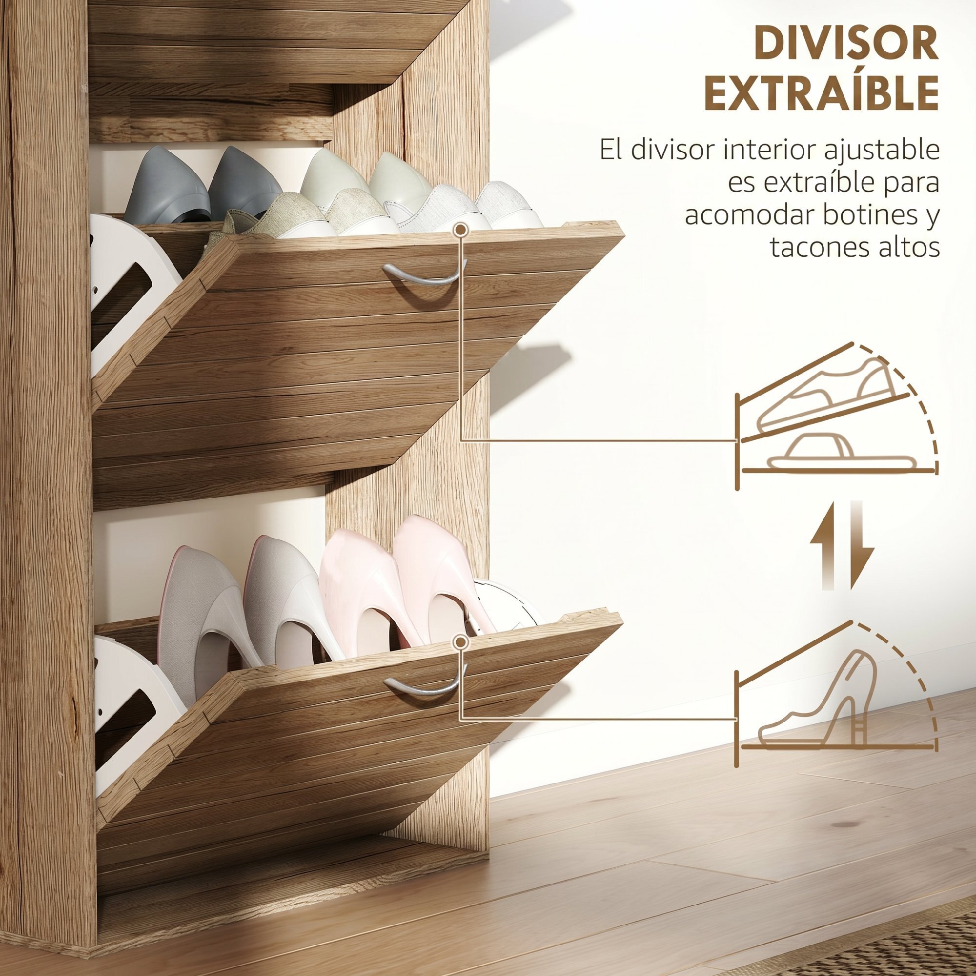 Zapatero Estrecho con 3 Puertas Abatibles, Zapatero Entrada Recibidor, Estantes Ajustables, para 12 Pares de Zapatos, para Pasillo, Espacios Reducidos, Roble