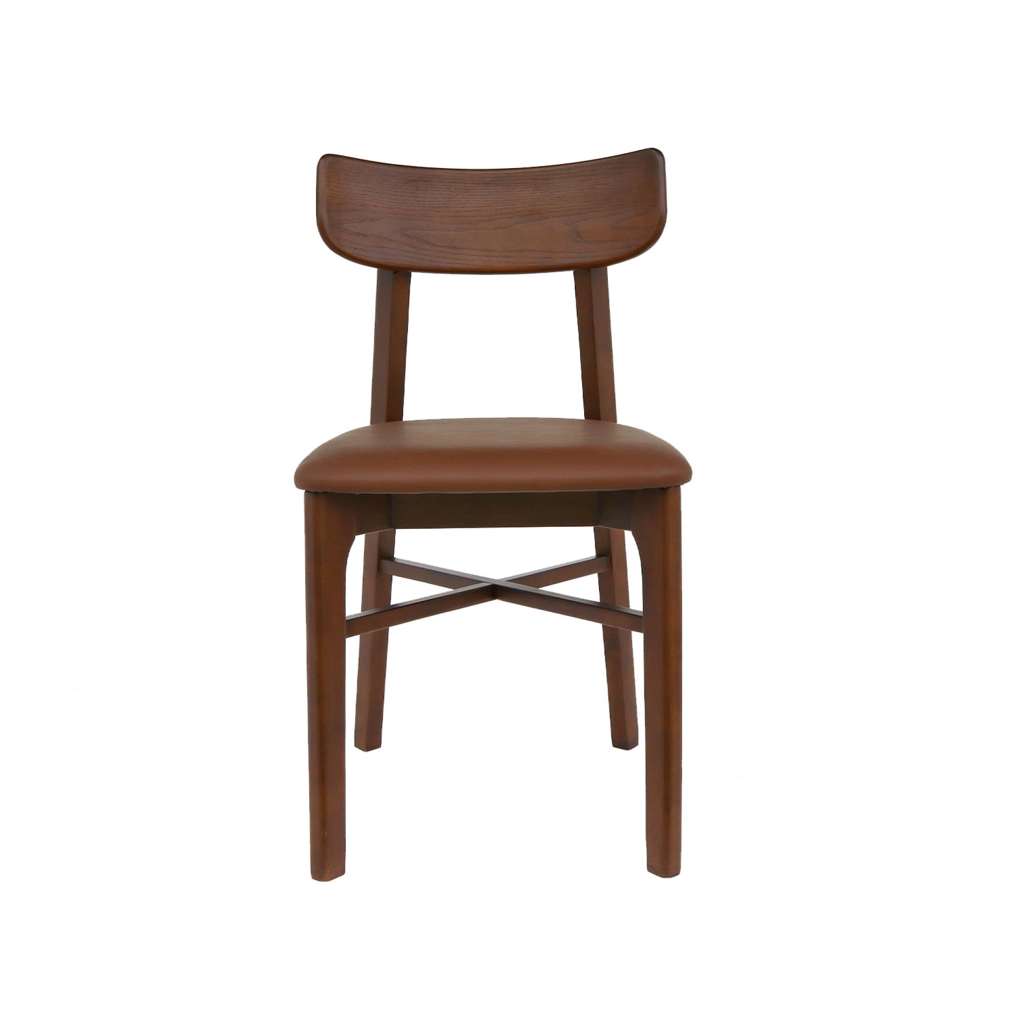 Lot de 2 chaises bois d'hévéa et assise simili cuir marron. vintage. L 43.5 x P 48 x H 81cm
