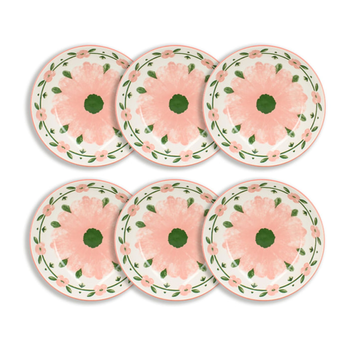 Lot de 6 assiettes creuses 20cm en porcelaine blanc et rose floral PRIMAVERA