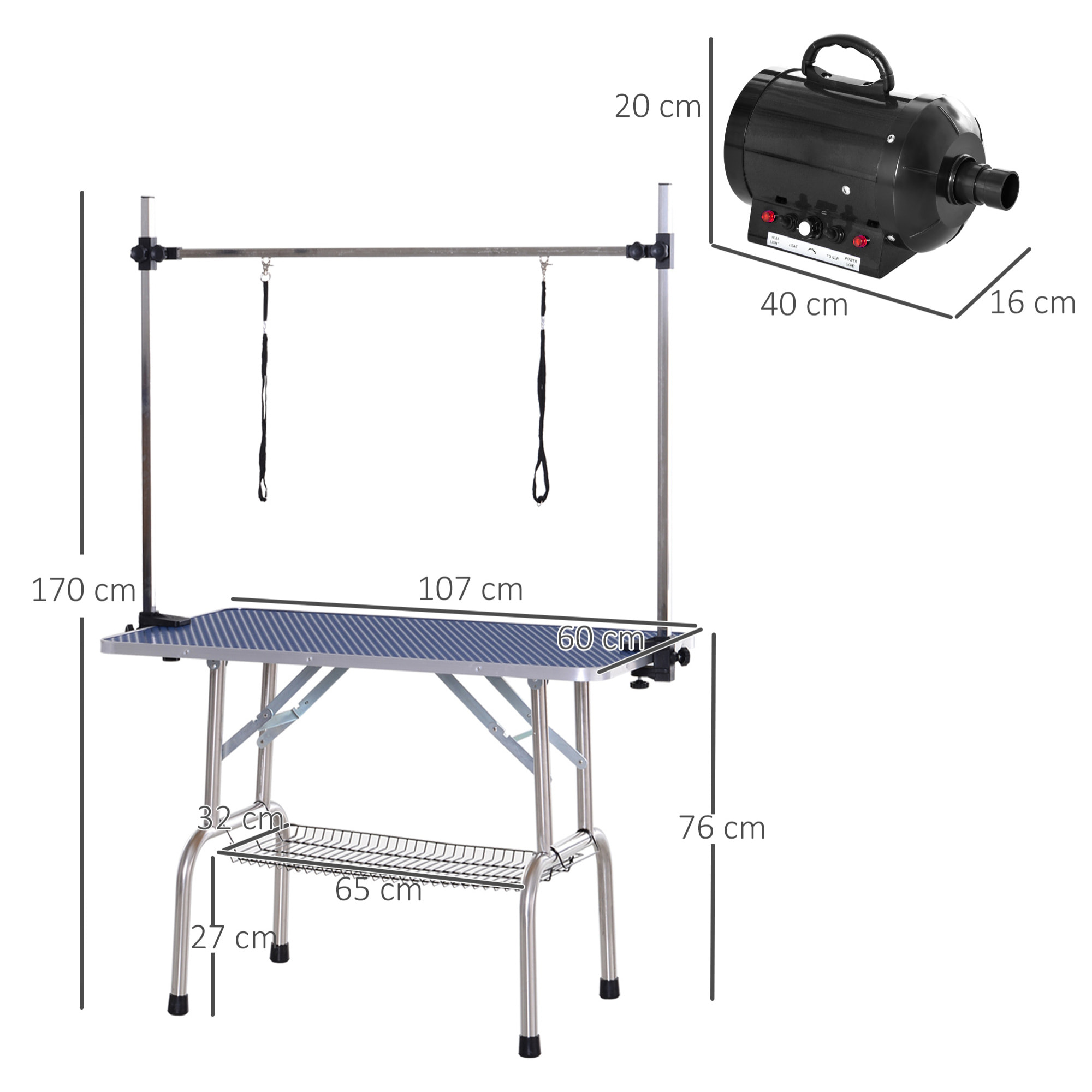 Conjunto para Mascotas Juego de Secador de Pelo para Perros 2800W y Mesa de Peluquería para Mascotas Plegable con Altura Ajustable 40x16x20 cm 107x60x170 cm Negro y Azul