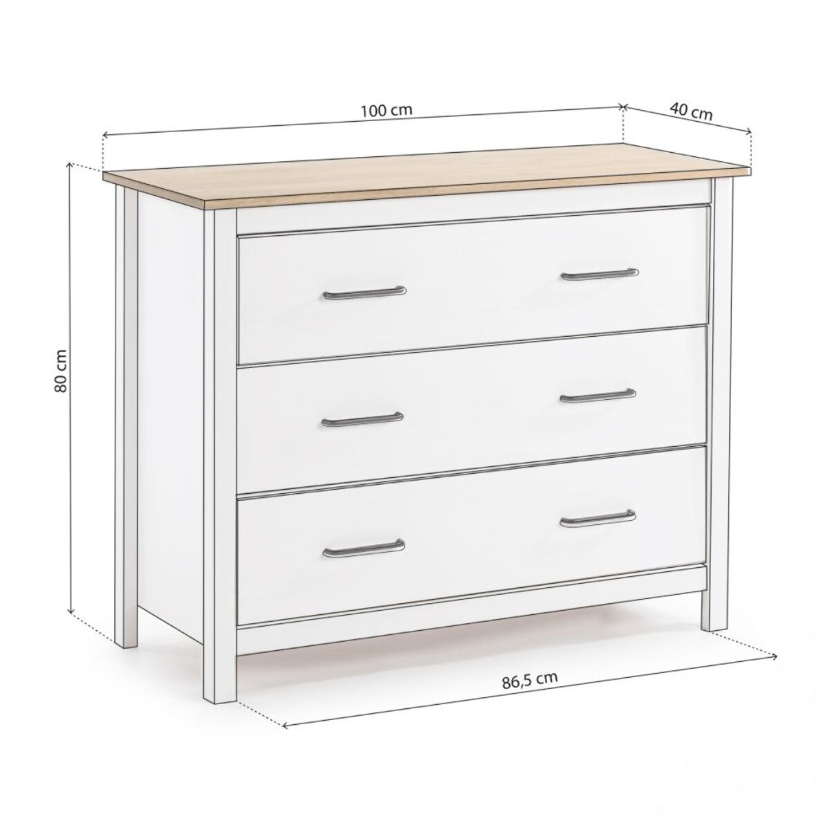 Cómoda de 3 cajones resistente y funcional en blanco y oak 100x80 cm Eira Blanco - Oak
