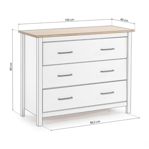 Cómoda de 3 cajones resistente y funcional en blanco y oak 100x80 cm Eira Blanco - Oak