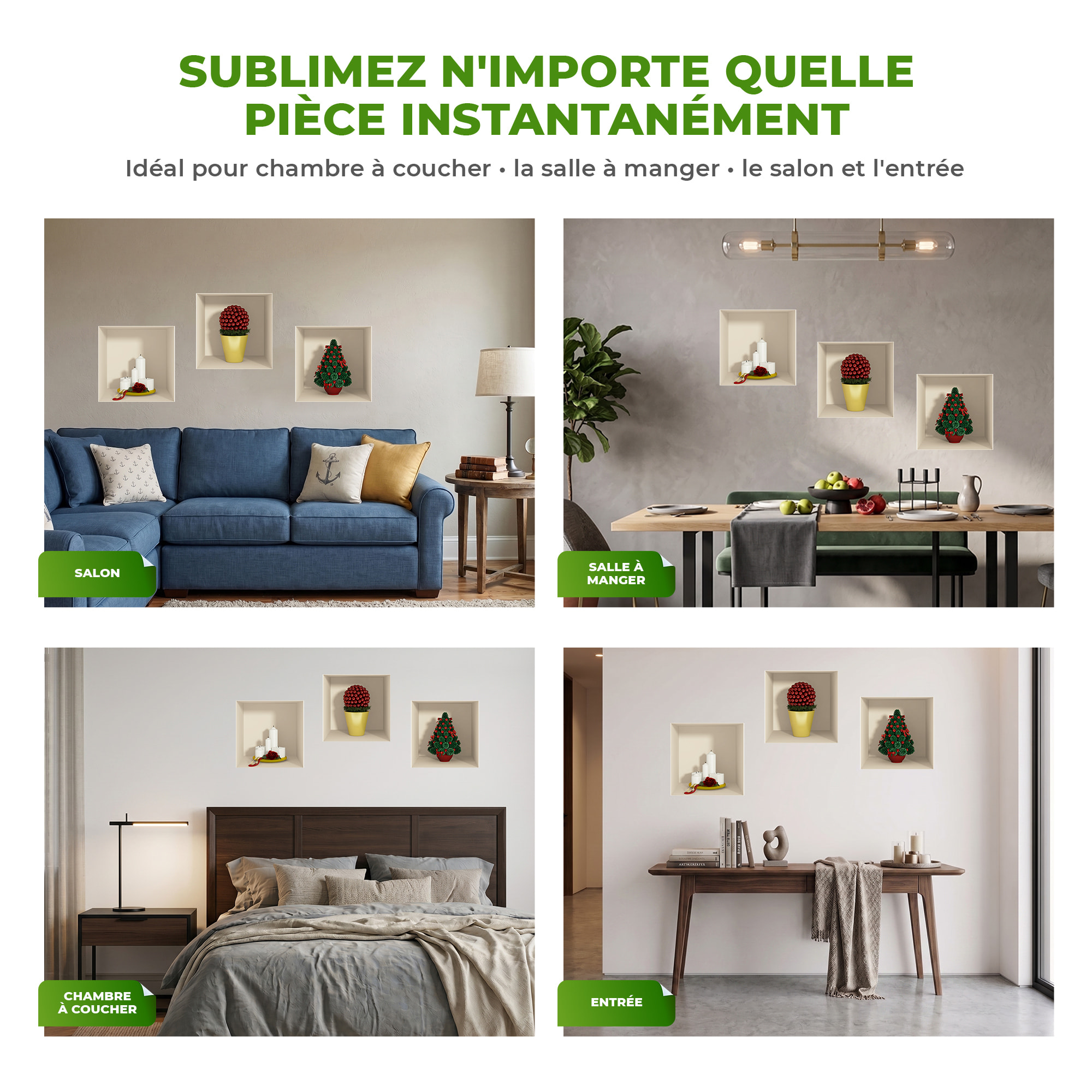 Stickers muraux 3D | Sticker Mural Autocollant effet 3D Noël sapin et bougies - Stickers adhésifs 3D Chambre Salon Trompe l'oeil