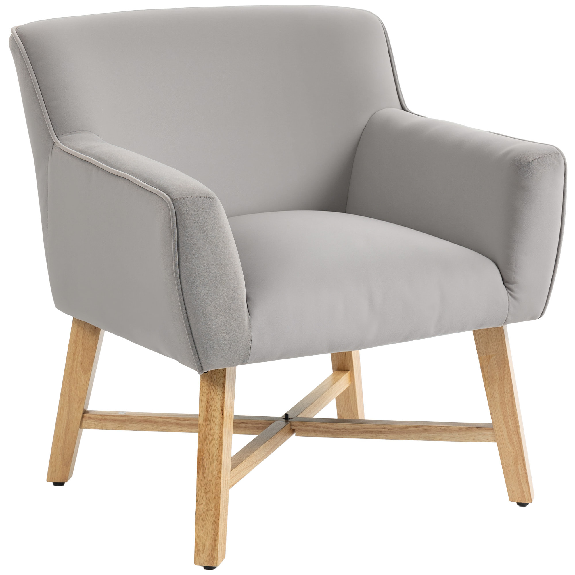 Butaca de Salón Tapizada en Terciopelo, Sillón de Salón Moderno Acolchado, Patas de Madera, Reposabrazos, Base Cruzada, Sillón Relax para Dormitorio, Oficina, Estudio, 67x65x74 cm, Gris Claro