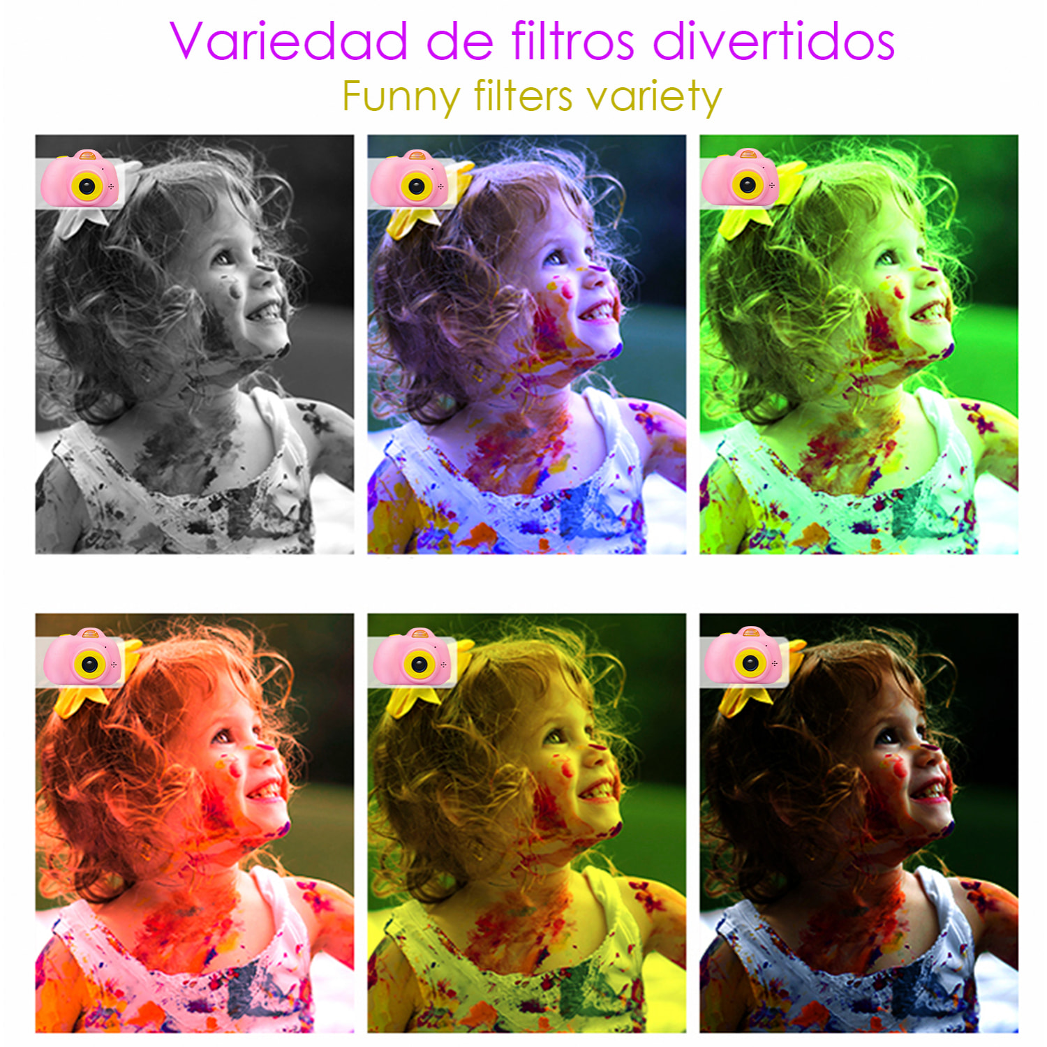 Fotocamera digitale D6V con foto da 26mpx e video HD per bambini. Schermo da 2 pollici. Con filtri ed effetti. Cordino per il trasporto.