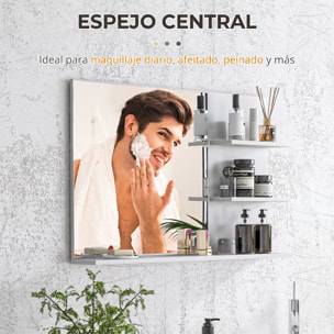 Espejo de Baño con 2 Estantes Laterales y Estante Inferior, Espejo de Pared, Estilo Moderno, para Entrada, Pasillo, 75x10x48 cm, Blanco