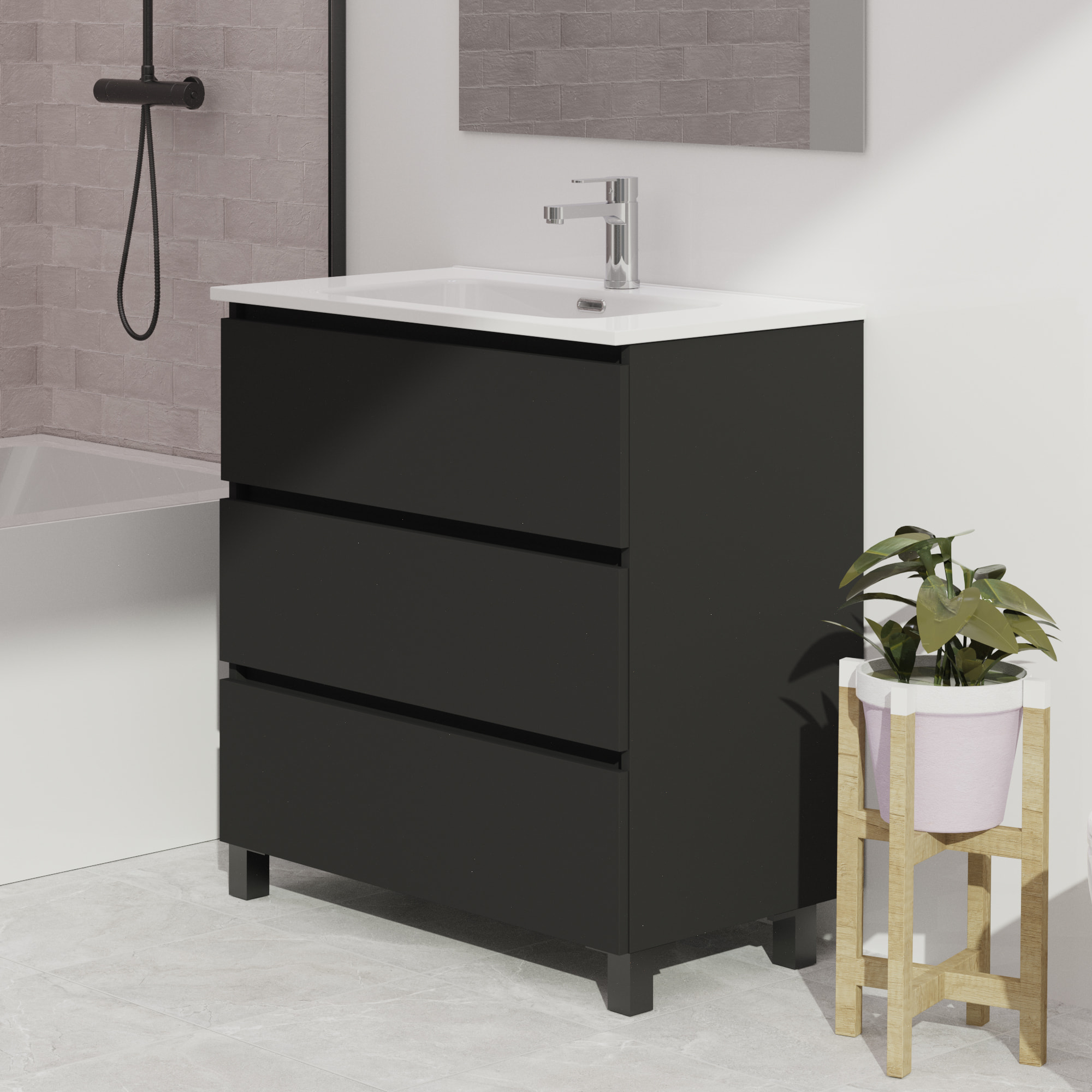 Conjunto de baño Wink | 80 cm Negro Mate | Tres cajones | Lavabo encastrado | No incluye espejo | Mueble montado | Alday