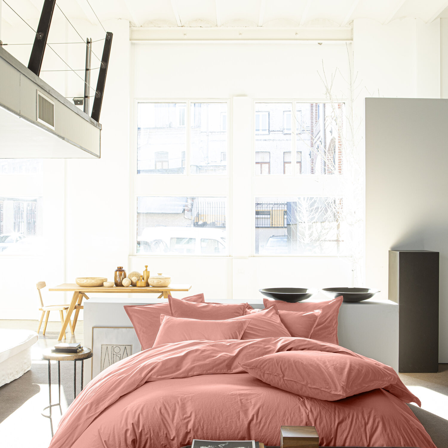 Housse de couette 100% percale de coton lavé rose poudré