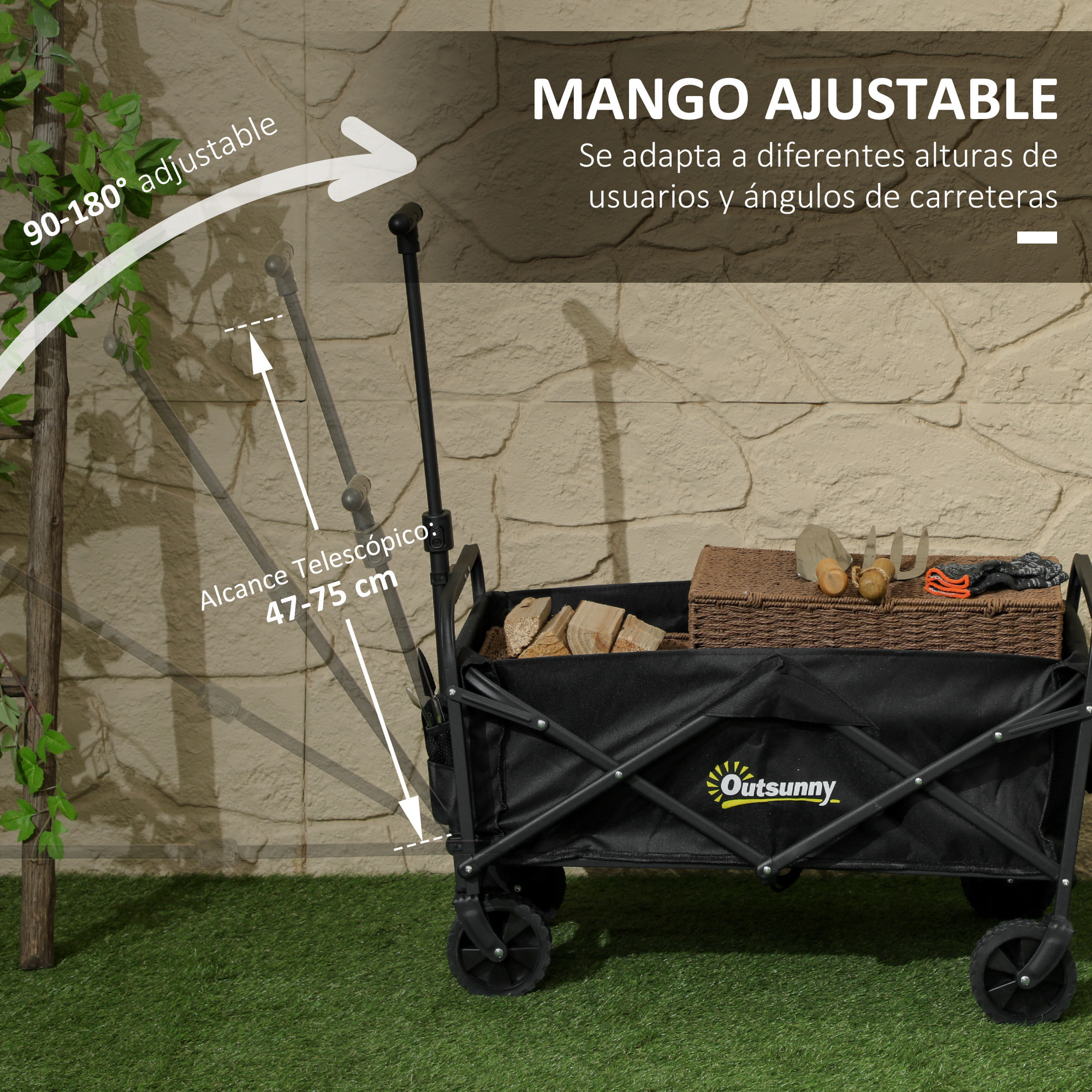 Carro Playa con Ruedas Carro de Jardín Plegable con Asa Telescópica Ajustable 2 Bolsas de Almacenaje Carga 120 kg Carrito Transporte para Todo Terreno Jardín Campaña Compra Negro