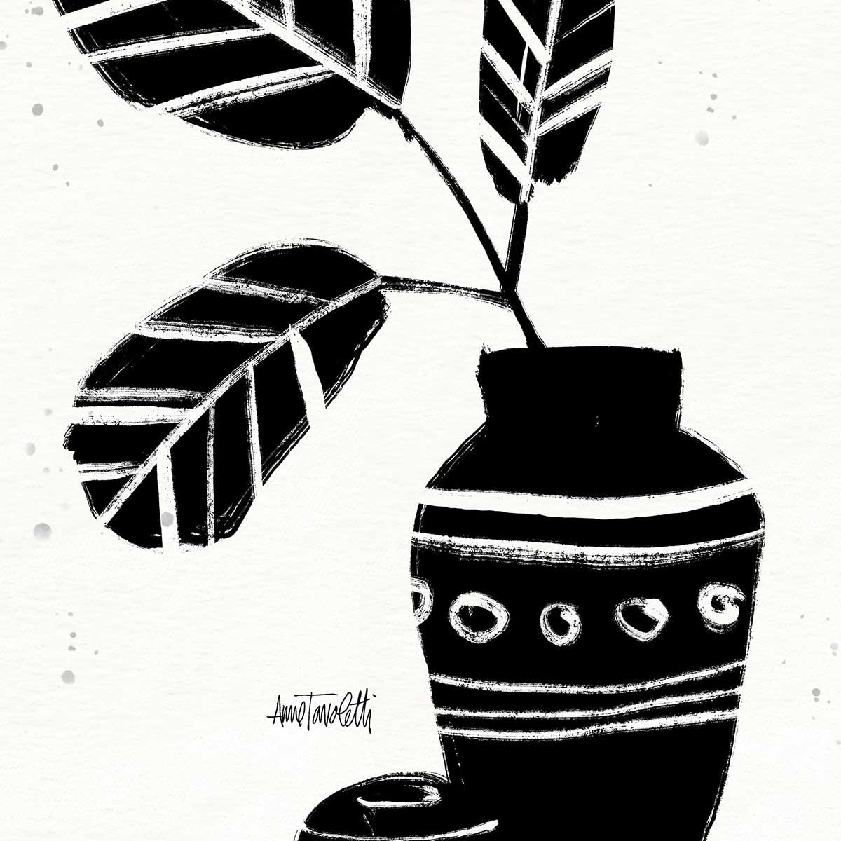 Illustration Botanique et Poterie azteque Affiche + cadre en bois - Noir